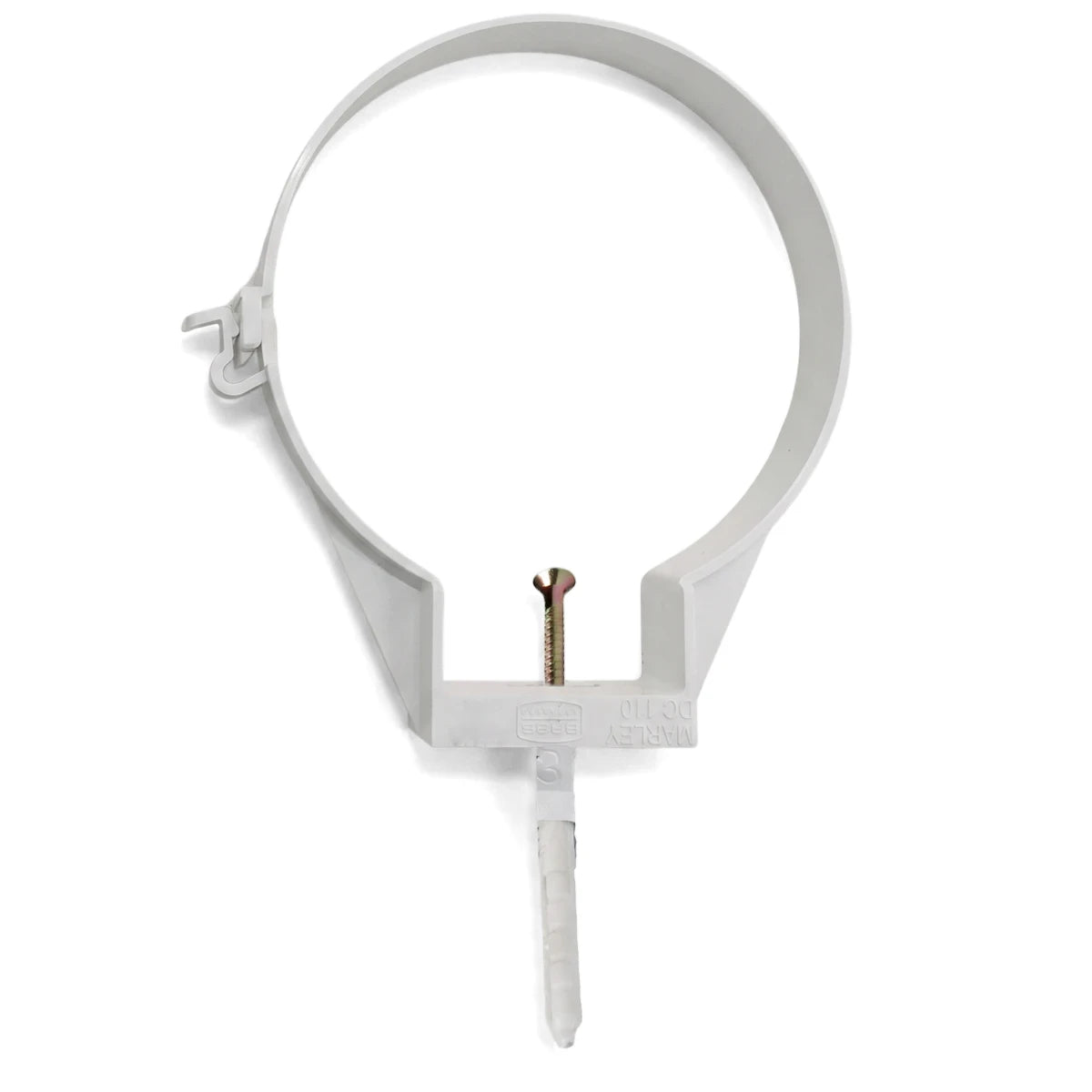 White plastic 110mm PVC holderbat pipe bracket with a metal screw and plastic wall plug, viewed vertically.