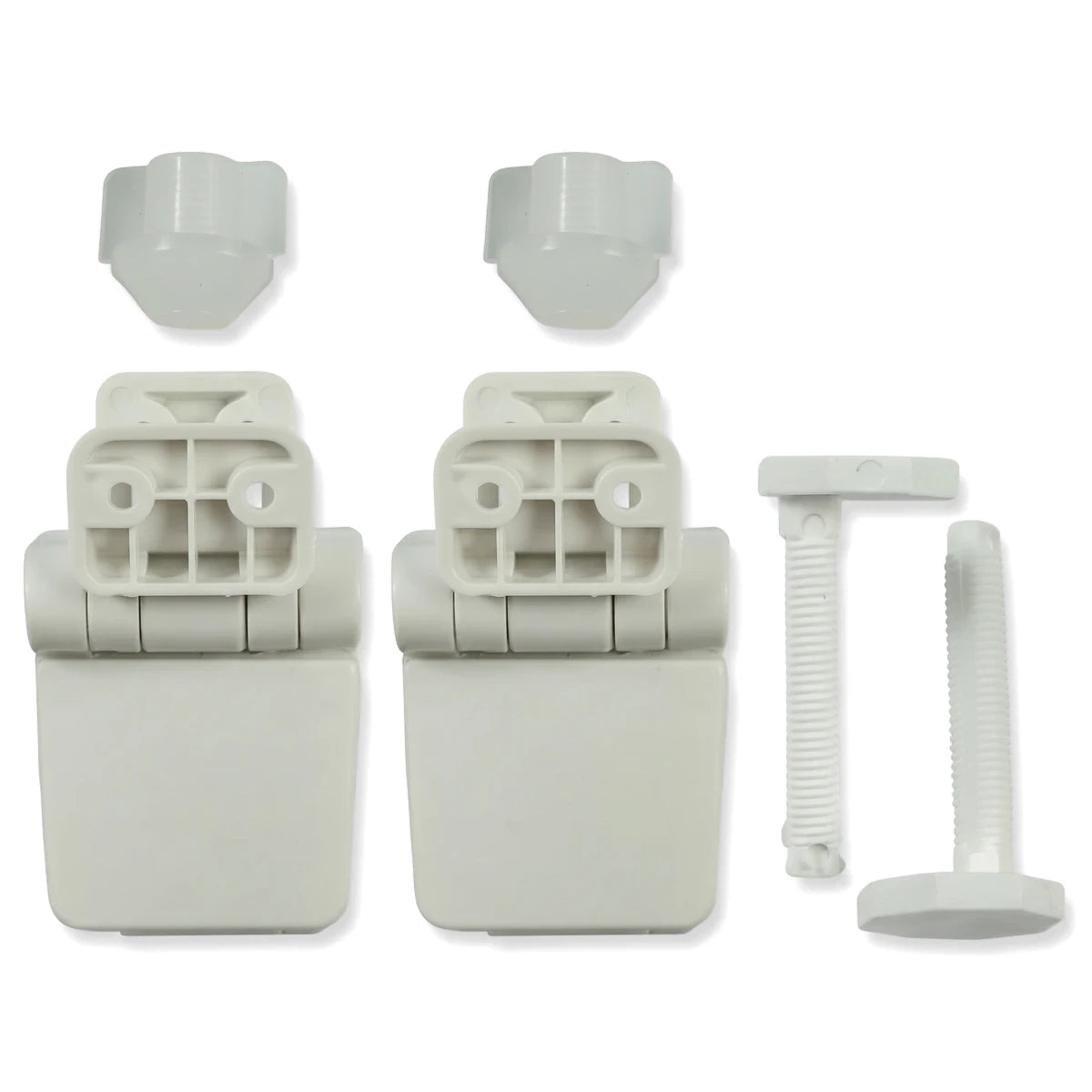 White plastic replacement toilet seat hinge set, including two hinge units and mounting bolts, for easy installation and