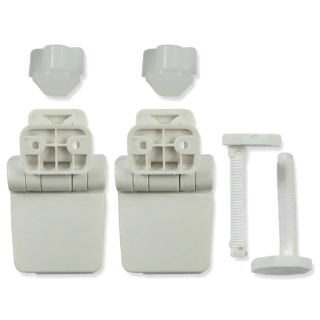 White plastic replacement toilet seat hinge set, including two hinge units and mounting bolts, for easy installation and