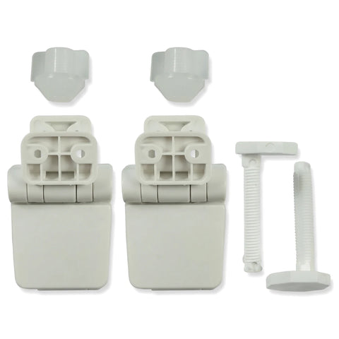 White plastic replacement toilet seat hinge set, including two hinge units and mounting bolts, for easy installation and