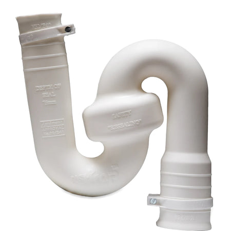 White plastic S-trap pipe for plumbing with 'Reseal' safety feature and measurements, visible on a white background.