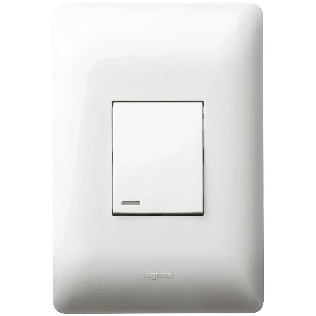 White plastic 1 lever dimmer switch with a rectangular faceplate, featuring a single toggle lever and a small indicator