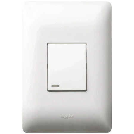 White plastic 1 lever dimmer switch with a rectangular faceplate, featuring a single toggle lever and a small indicator