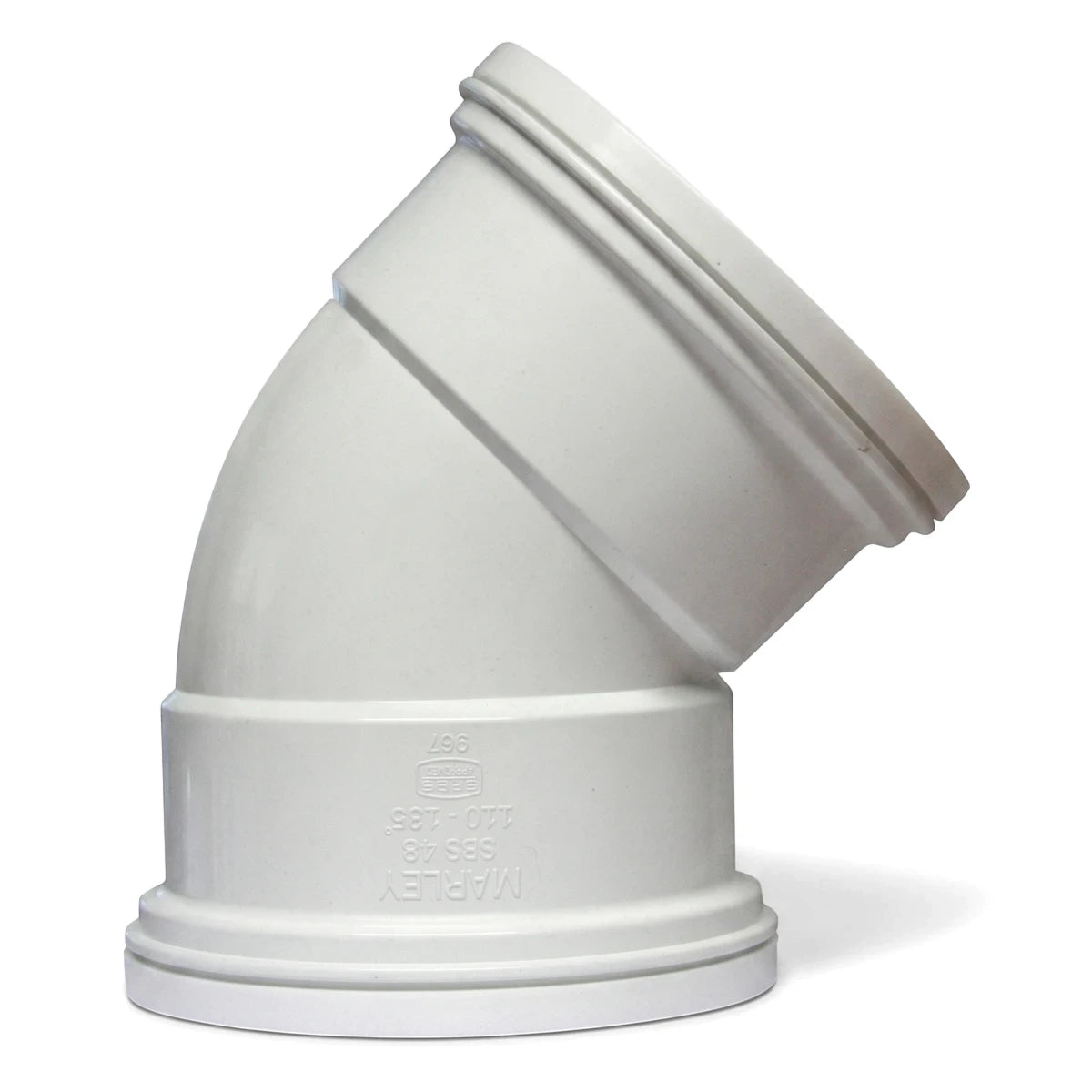 White plastic socket to socket plain bend pipe fitting, 110mm x 135-degree angle, used for plumbing and drainage systems.