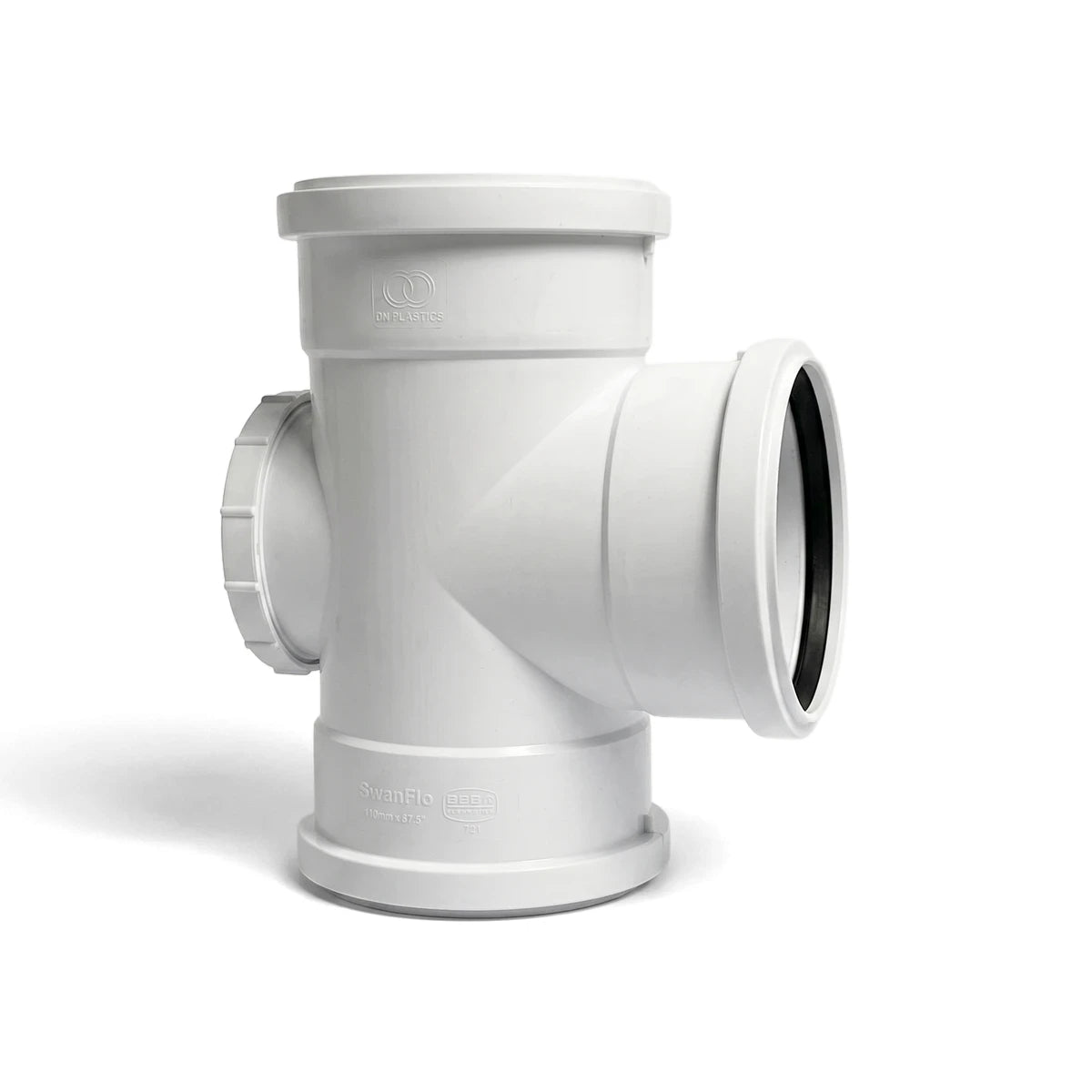 White plastic soil and vent junction with access heel, 110mm x 87.5-degree, for plumbing systems, shown upright.