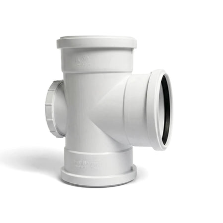 White plastic soil and vent junction with access heel, 110mm x 87.5-degree, for plumbing systems, shown upright.