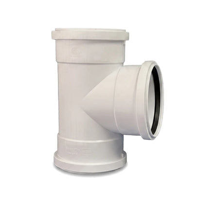 White plastic Soil/Vent Plain Junction pipe fitting, 110mm with an 87.5-degree branch for plumbing applications.