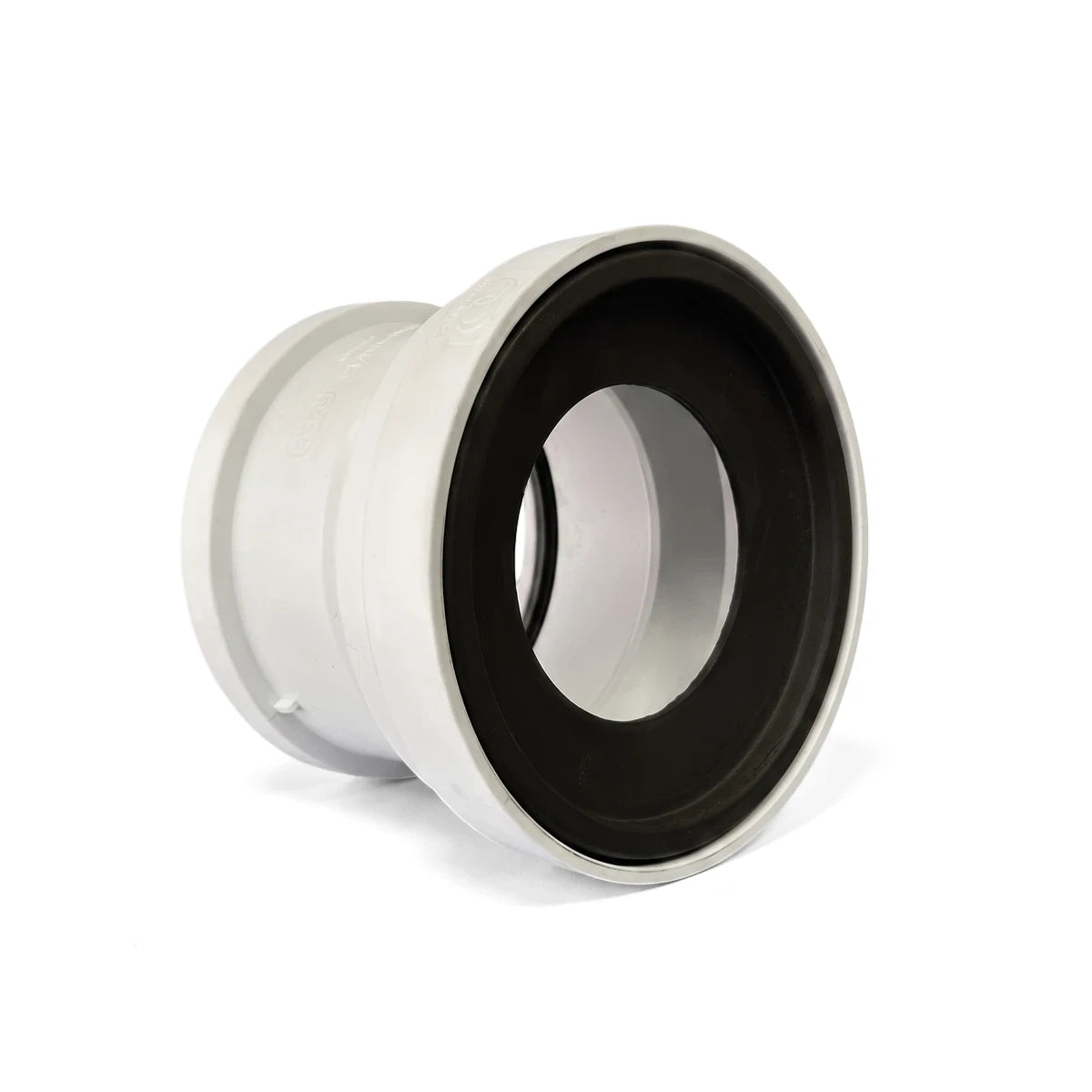 White plastic soil and vent straight toilet pan connector, 110mm, with a black rubber seal.