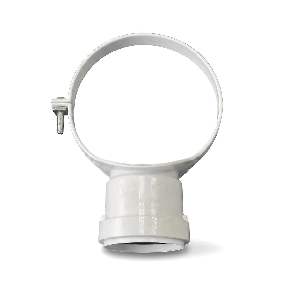 White plastic soil/vent strap-on saddle, 110mm x 50mm x 87.5-degree, for plumbing and drainage systems.
