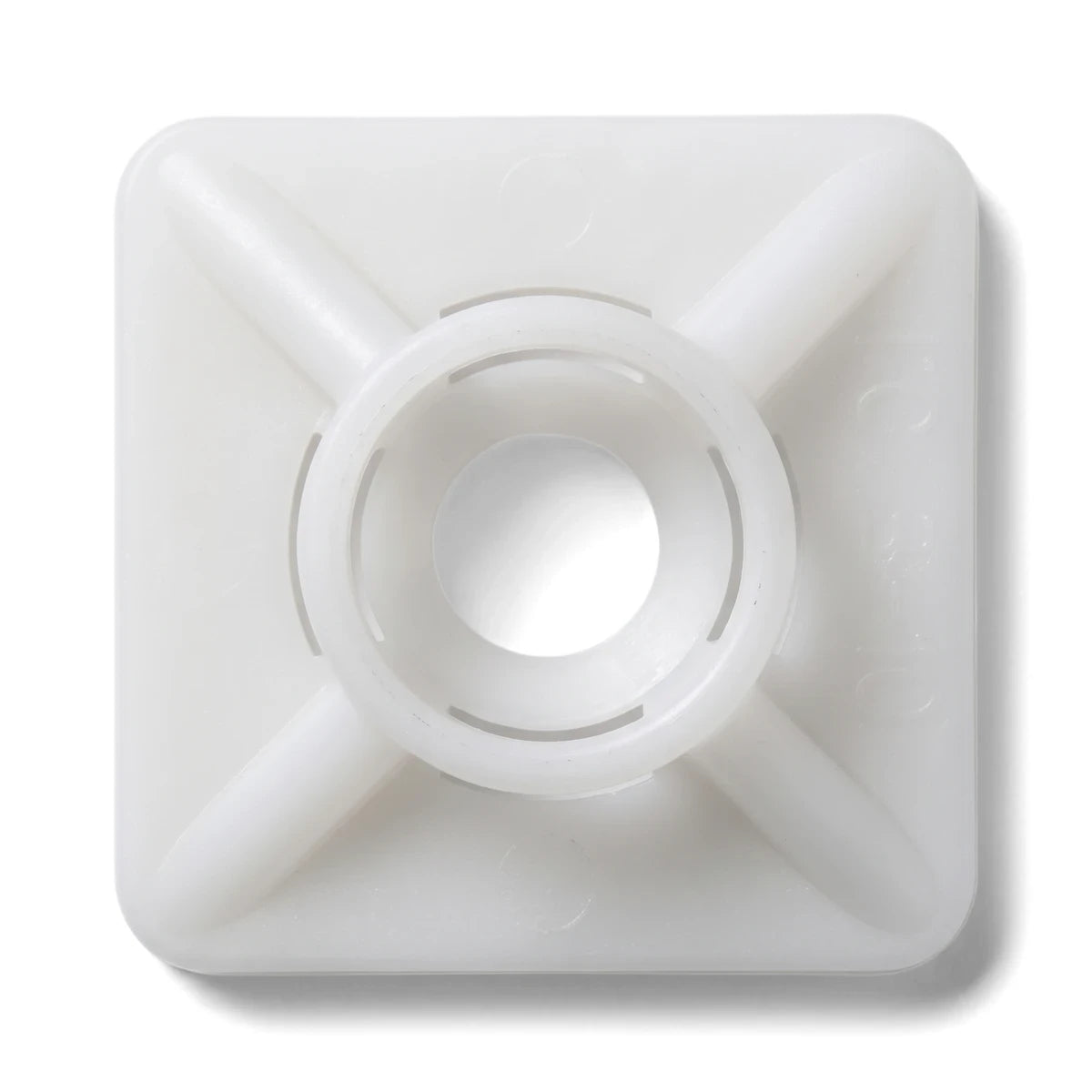 White plastic square cable tie mount pad with a central circular opening for securing cables.