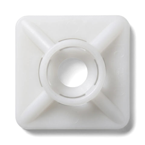 White plastic square cable tie mount pad with a central circular opening for securing cables.
