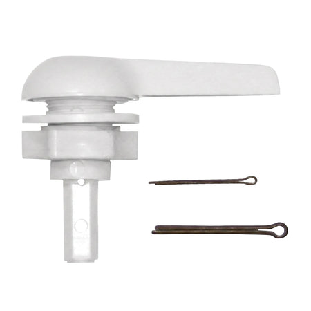 White plastic toilet cistern handle with a lever and a threaded base, accompanied by two small metal cotter pins.