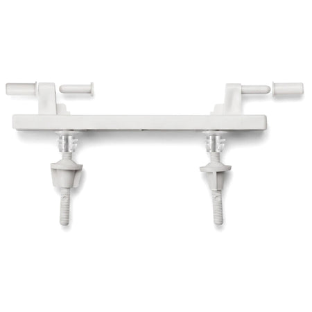 White plastic toilet seat hinge replacement kit, showing a horizontal bar with two threaded bolts and pins.
