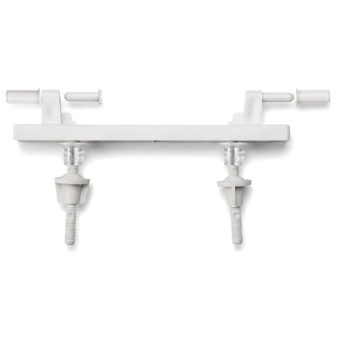 White plastic toilet seat hinge replacement kit, showing a horizontal bar with two threaded bolts and pins.