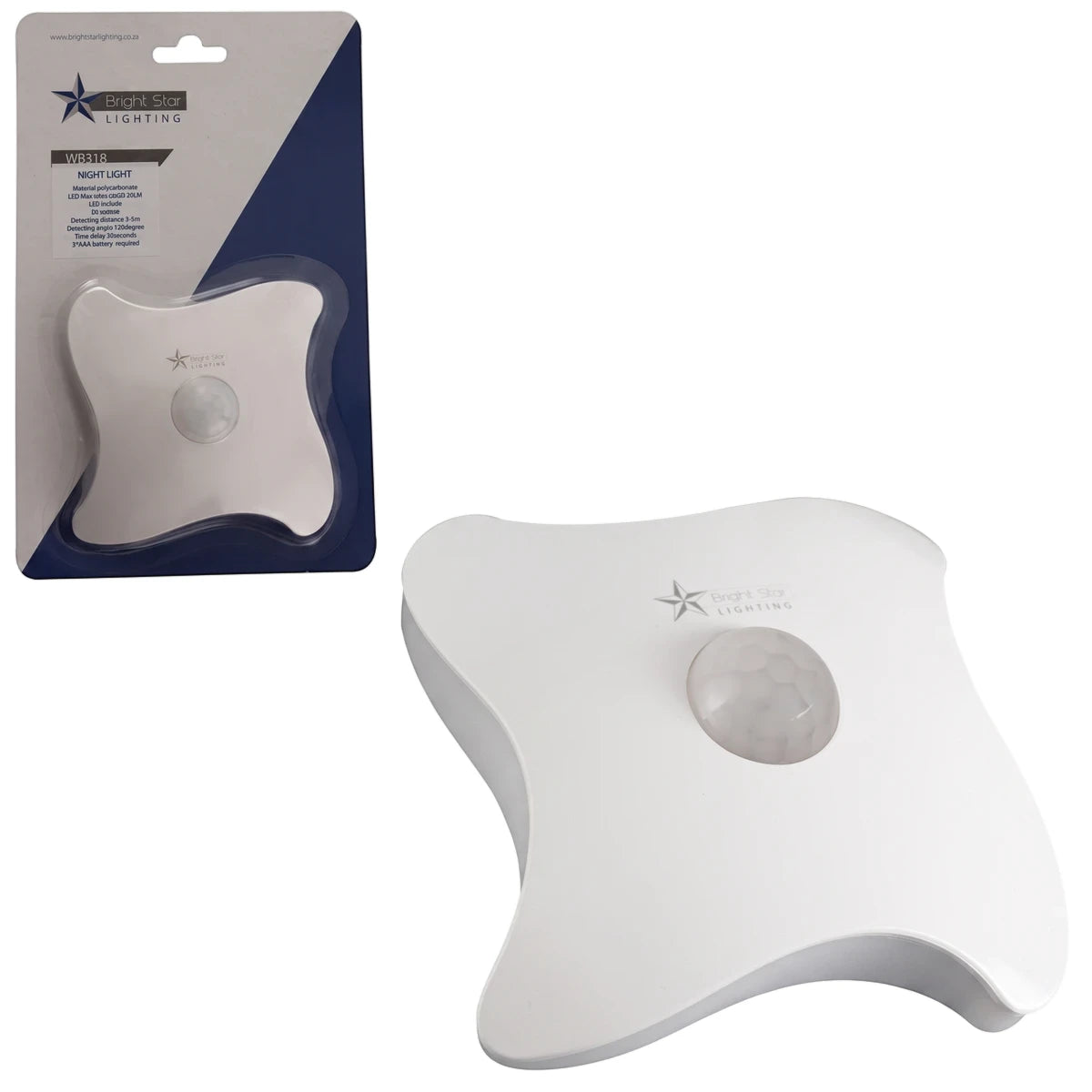 White polycarbonate night light with day/night and motion sensor, shown both in its retail packaging and unpacked,