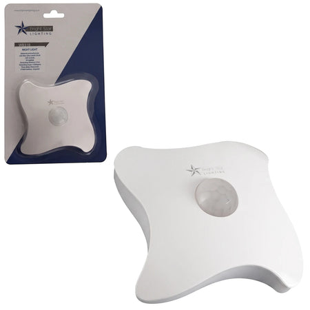 White polycarbonate night light with day/night and motion sensor, shown both in its retail packaging and unpacked,