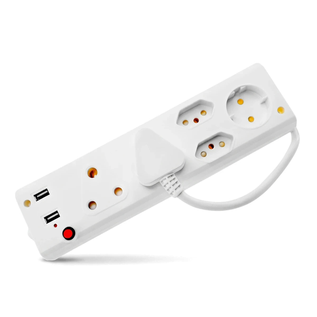 White power strip with two Schuko, two 16mm, two Euro outlets, and two USB ports, viewed at an angle.