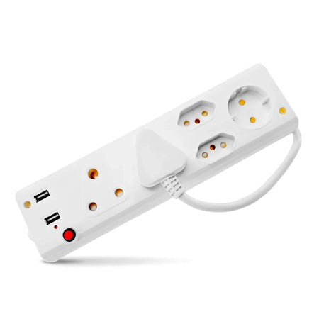 White power strip with two Schuko, two 16mm, two Euro outlets, and two USB ports, viewed at an angle.