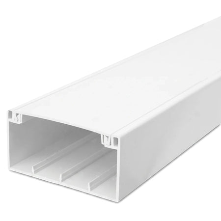 White PVC trunking channel, measuring 100x50x3m, shown from an angled perspective, highlighting its rectangular shape and
