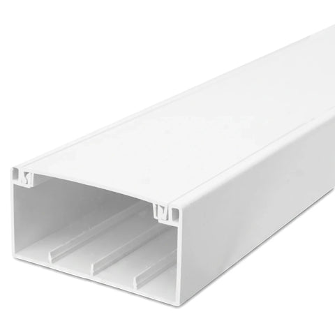 White PVC trunking channel, measuring 100x50x3m, shown from an angled perspective, highlighting its rectangular shape and