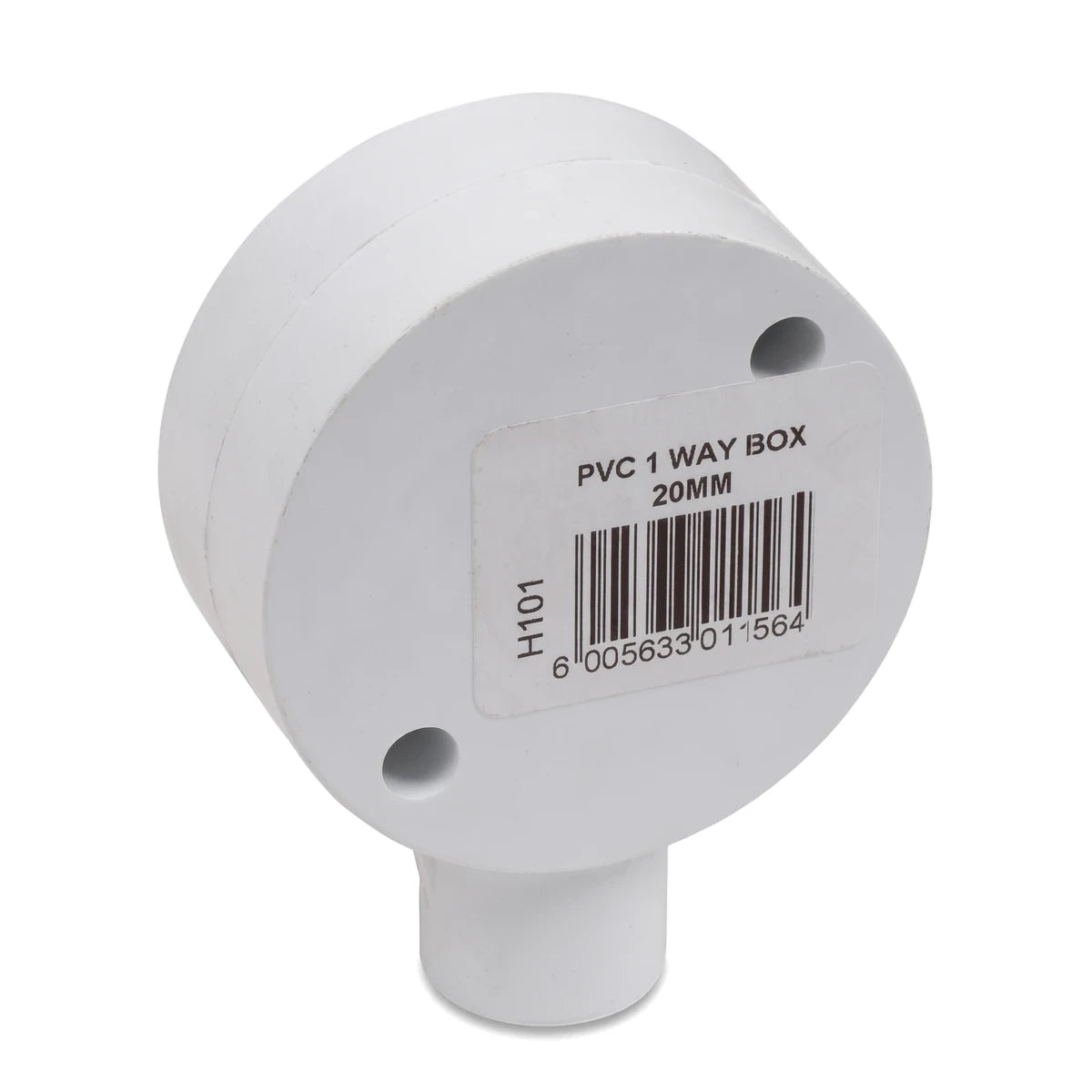 A white PVC 20mm 1-way conduit box, angled to show the product label and connection port, essential for electrical