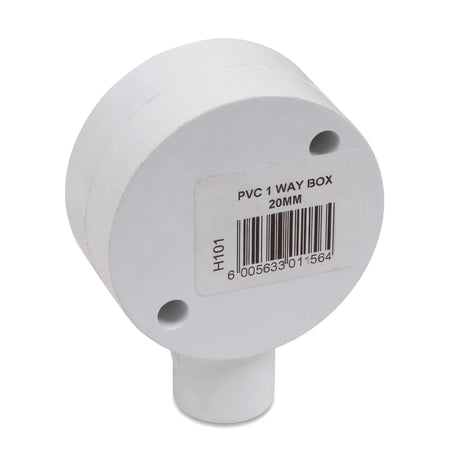 A white PVC 20mm 1-way conduit box, angled to show the product label and connection port, essential for electrical