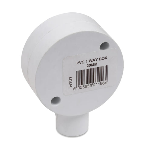 A white PVC 20mm 1-way conduit box, angled to show the product label and connection port, essential for electrical
