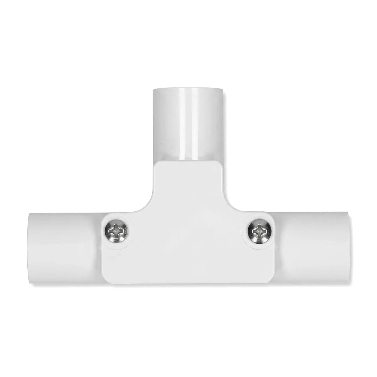 White PVC 20mm Inspection Tee, a durable T-shaped plumbing fitting with two visible screws, ideal for pipe connections.