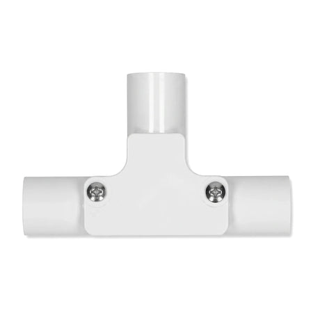 White PVC 20mm Inspection Tee, a durable T-shaped plumbing fitting with two visible screws, ideal for pipe connections.