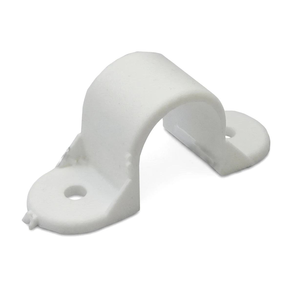 White PVC 20mm saddle clip, part of a 10-pack, shown in a close-up studio shot from an angled perspective.