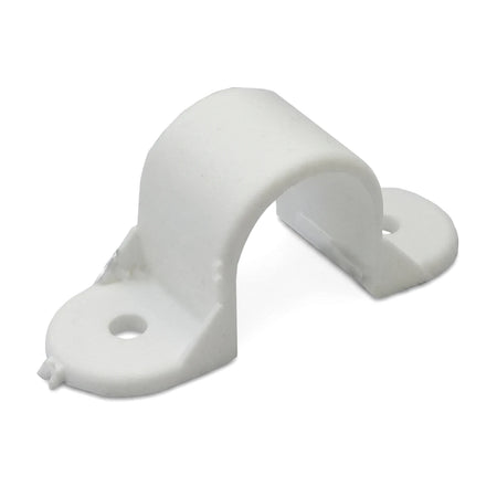 White PVC 20mm saddle clip, part of a 10-pack, shown in a close-up studio shot from an angled perspective.