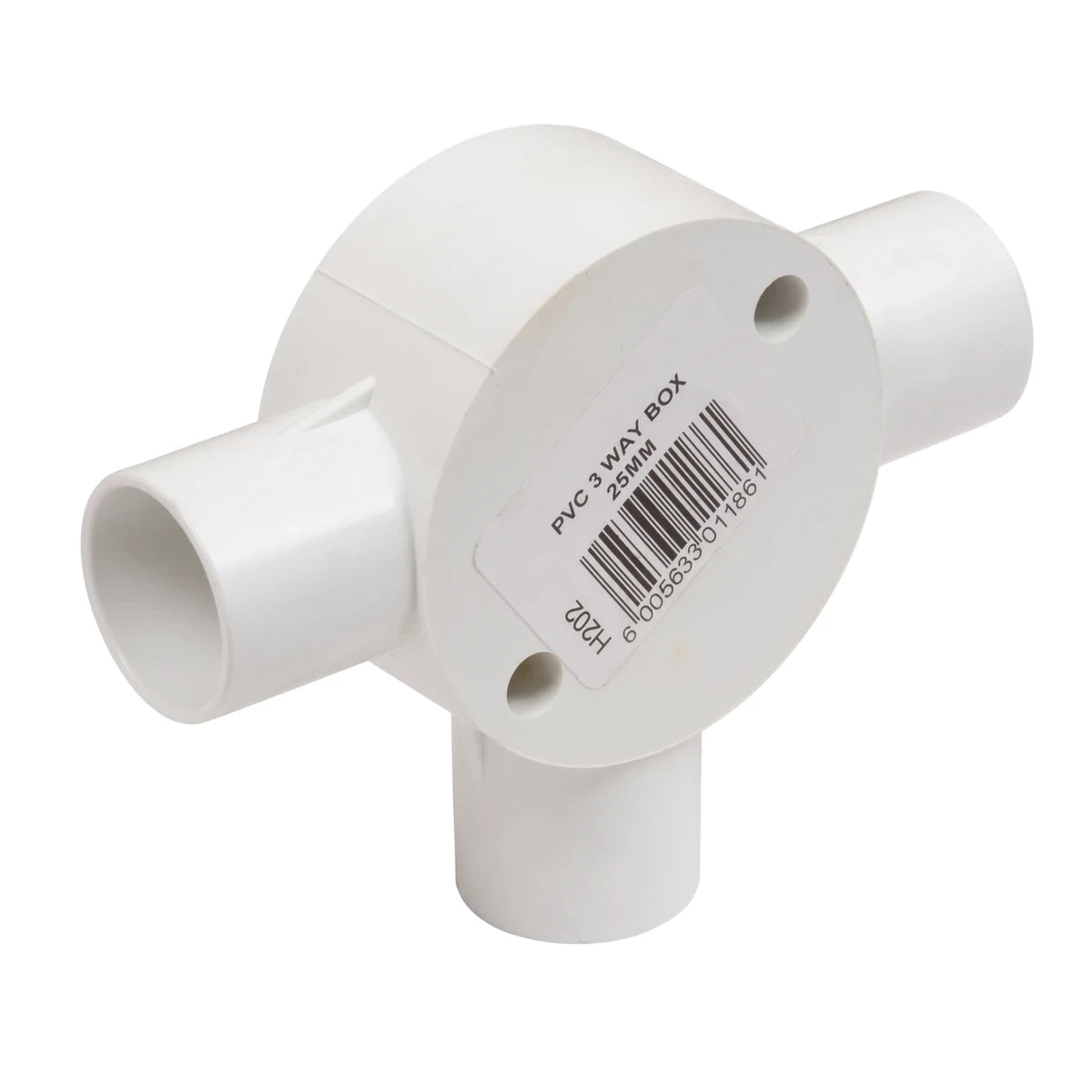 White PVC 3-way conduit box, 25mm, designed for electrical installations, shown from an angled view.