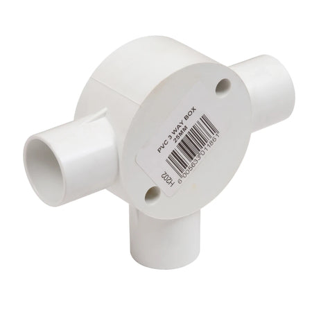White PVC 3-way conduit box, 25mm, designed for electrical installations, shown from an angled view.