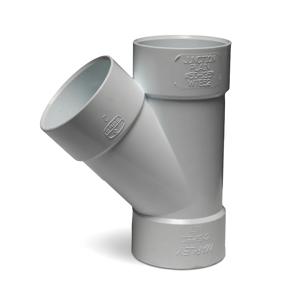 White PVC 50mm X 45-Degree Soil/Vent Plain Waste Junction pipe fitting, shown from an angled view.