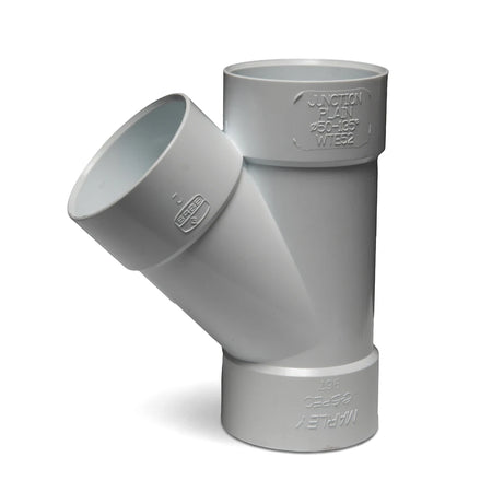 White PVC 50mm X 45-Degree Soil/Vent Plain Waste Junction pipe fitting, shown from an angled view.