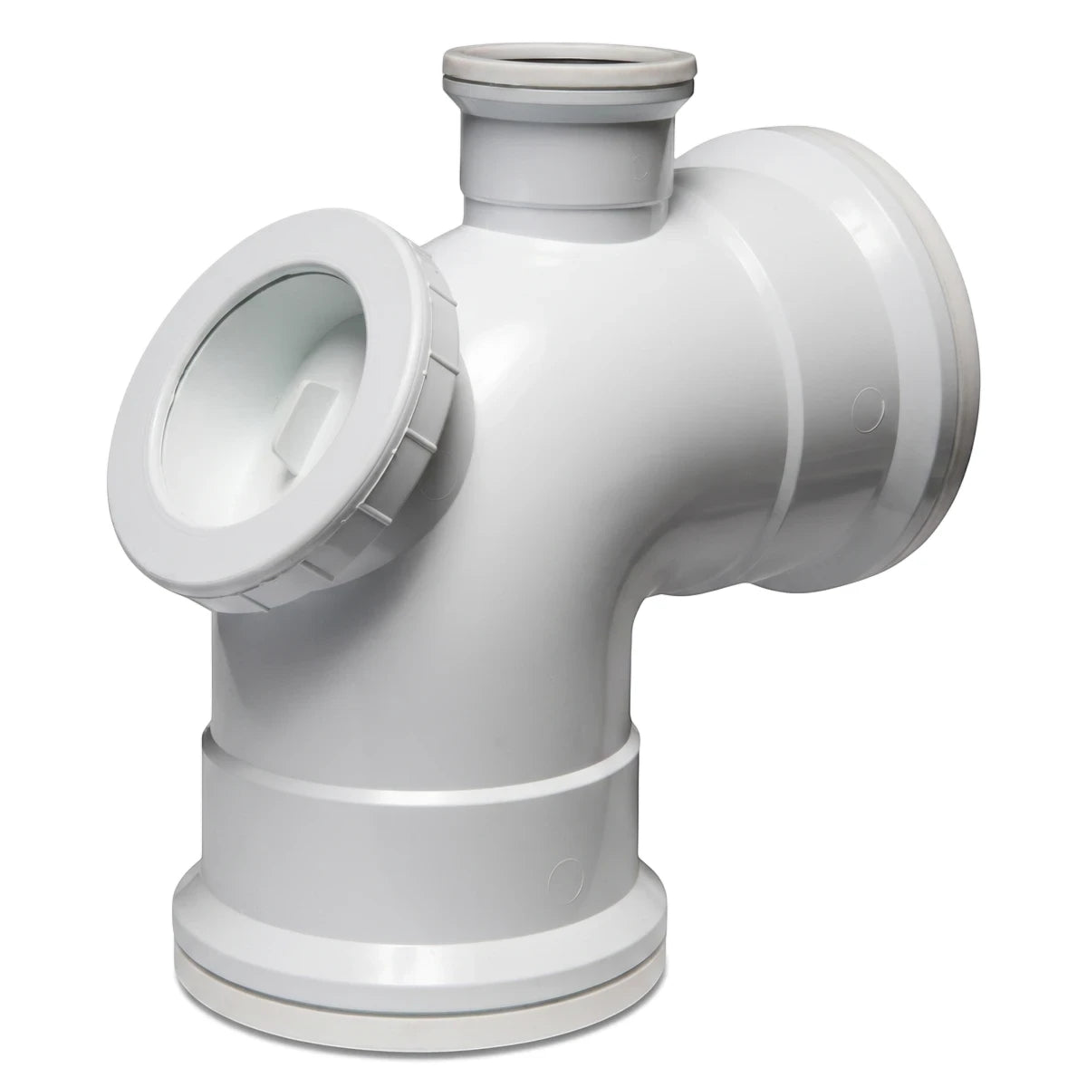 White 95-degree soil and vent bend with access heel and vent horn made of PVC material for plumbing systems.