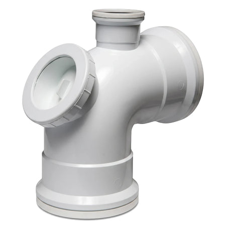 White 95-degree soil and vent bend with access heel and vent horn made of PVC material for plumbing systems.