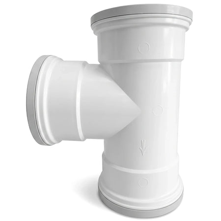 White PVC 95-degree single plain junction pipe for soil and vent systems, a T-shaped plumbing component.