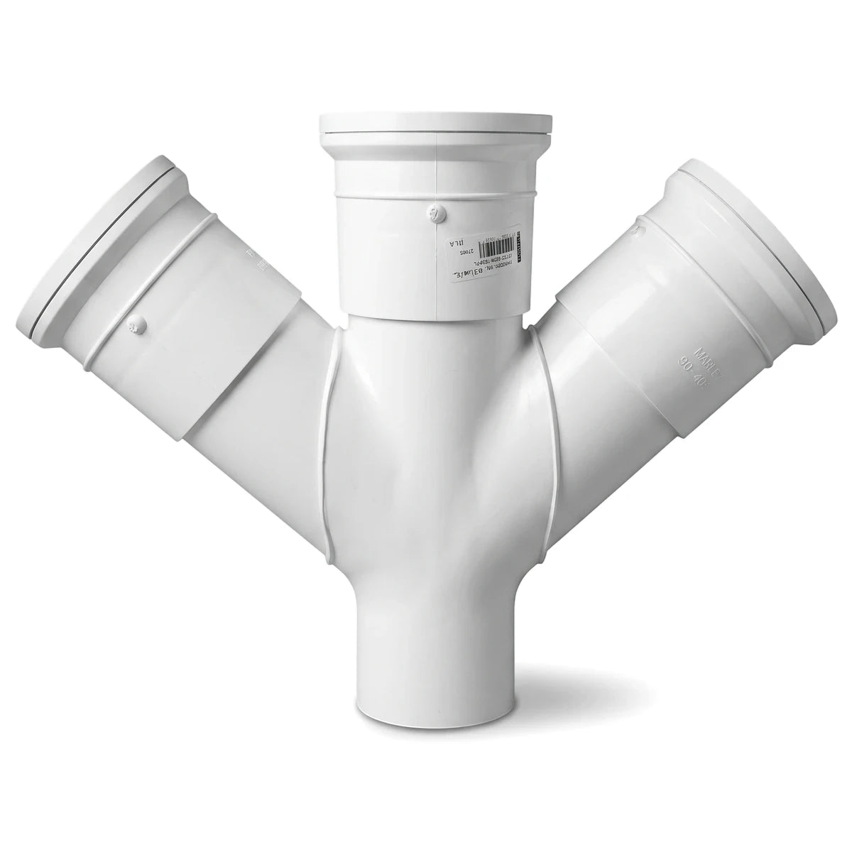 White PVC double plain junction pipe fitting for plumbing, 110mm x 110mm x 135-degree angled connection.