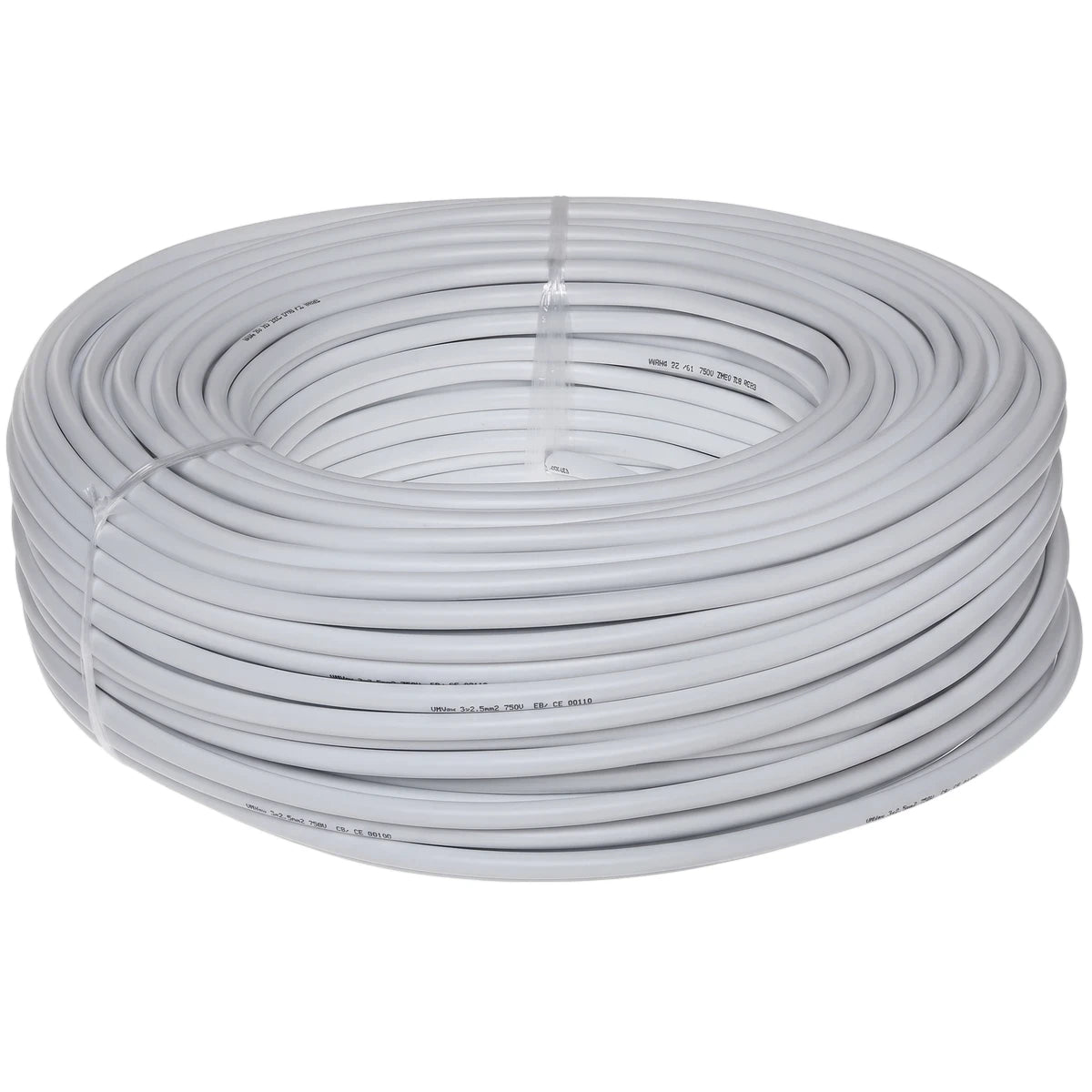 A large, neatly coiled roll of white PVC electrical cable, ideal for home or industrial wiring projects, presented against a