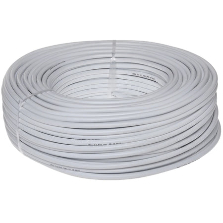 A large, neatly coiled roll of white PVC electrical cable, ideal for home or industrial wiring projects, presented against a