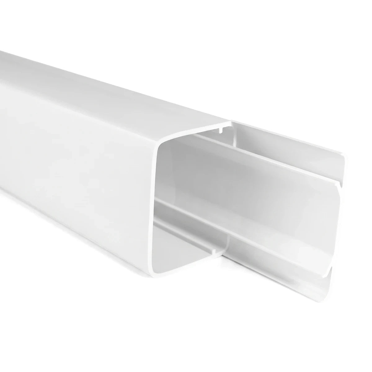 White PVC electrical trunking for cable management, 75x75x3m, shown from an angled perspective with open channel.