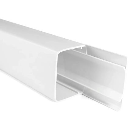 White PVC electrical trunking for cable management, 75x75x3m, shown from an angled perspective with open channel.