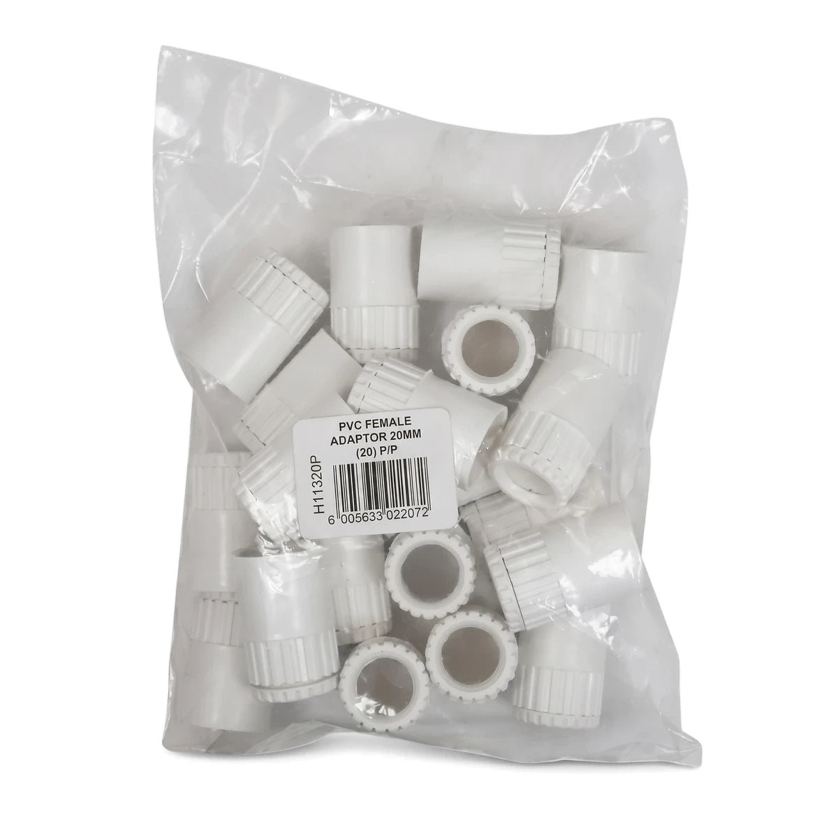 White PVC female adaptors, 20mm, packaged in a clear plastic bag as a 20-piece pack.