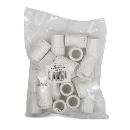 White PVC female adaptors, 20mm, packaged in a clear plastic bag as a 20-piece pack.