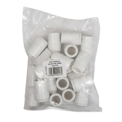 White PVC female adaptors, 20mm, packaged in a clear plastic bag as a 20-piece pack.