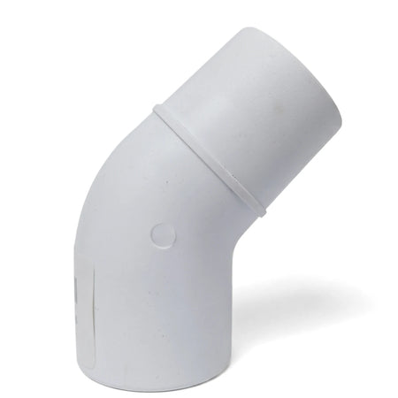 White PVC Gemini 45-degree weir adaptor, a durable pipe fitting designed for plumbing connections, shown from an angled