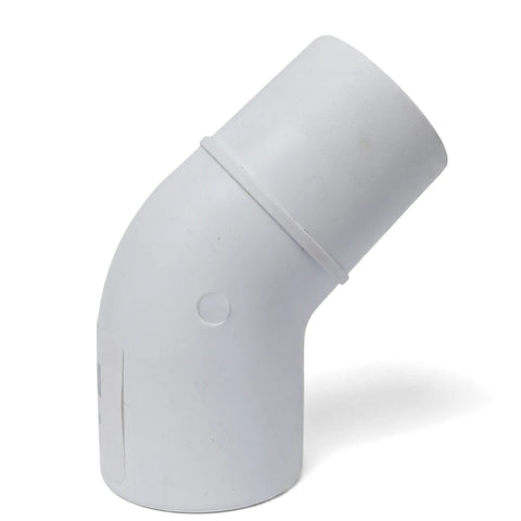 White PVC Gemini 45-degree weir adaptor, a durable pipe fitting designed for plumbing connections, shown from an angled
