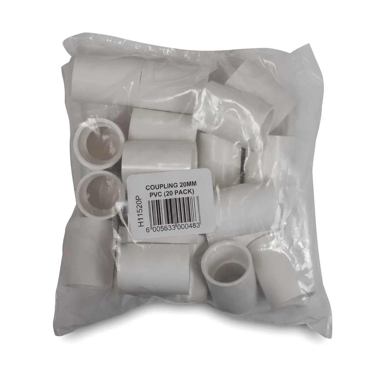 White PVC pipe couplings, 20mm, packaged in a clear plastic bag, 20 per pack, for plumbing. View of the entire bag.