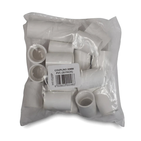 White PVC pipe couplings, 20mm, packaged in a clear plastic bag, 20 per pack, for plumbing. View of the entire bag.